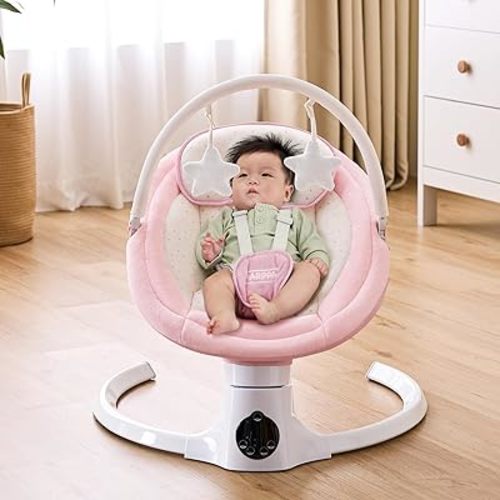 HARPPA Electric Baby Swing for Infants with Music Speaker, 5 Adjustable Speeds, 5-Point Safety Harness, Timer Function, Compact Design for Indoor & Outdoor Use, Pink