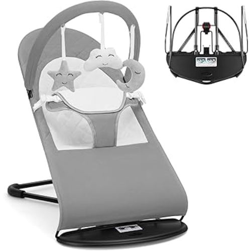 Portable Baby Bouncer Seat for Babies 0-18 Months, 100% Cotton Fabrics, Adjustable Multi Position Baby Bouncer Seat, Infant Rocker Chair with Hanging Toys-Light Grey