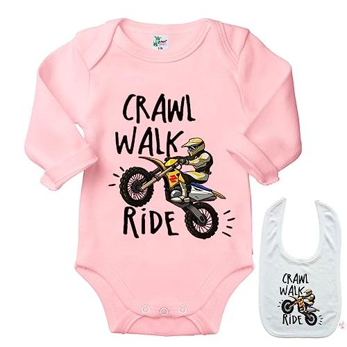 Crawl Walk Ride -Cute Motorcycle Shirt Newborn Baby Bodysuit Outfit Onesie & Bib