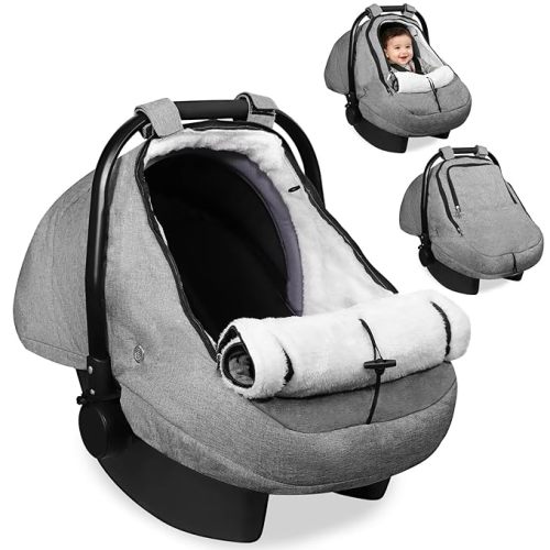 Winter Car Seat Cover for Baby, Waterproof Infant Carseat Cover with Warm Plush Lining & Dual Zippers, Universal Carseat Cover Baby Winter Protector with Ventilation and Windproof Design (Gray)