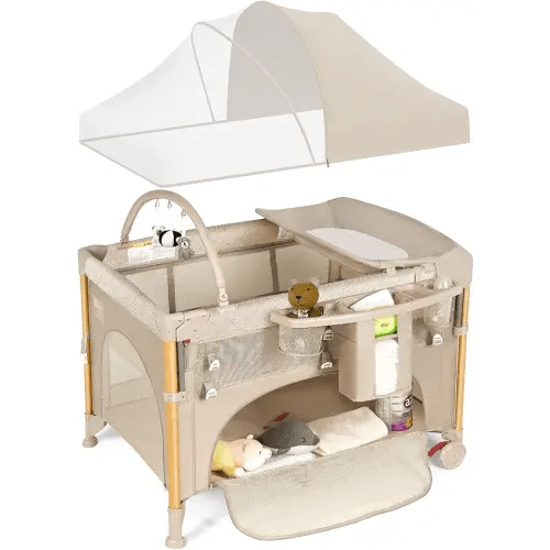 Baby Bassinet 5 in 1 Pack and Play,Baby Crib Adjustable Beside Sleeper One-Second &One-Hand Setup,Portable Playard Foldable Playpen for Newborn,Babies and Toddlers with Changing Table,Mattress (Beige)