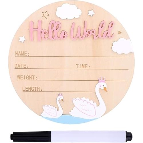 Baby Announcement Sign, 5.9in Wood Newborn Welcome Baby Name Sign with Pen Hello World Birth Announcement Plaque for Nursery Hospital Photo Prop Supplies (Pink)