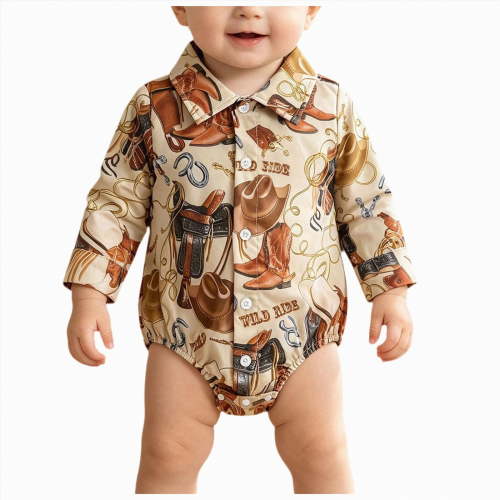 larppty Western Baby Boy Clothes Cowboy Shirt Romper Long Sleeve Button Down Dress Bodysuit Infant Gentleman Outfits (Z01-Brown, 0-3 Months)