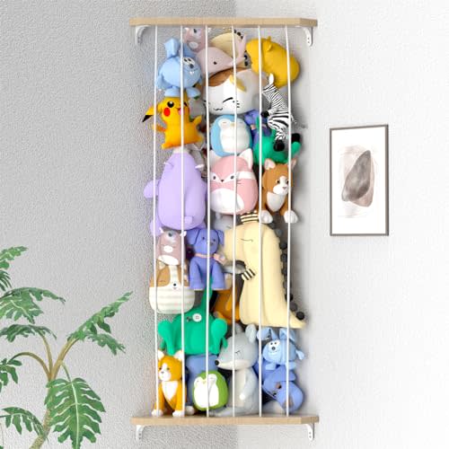 Zayysoha Stuffed Animal Storage Wood Corner Toy Plush Storage Hammock Hanging Storage Net, Toy Organizer Shelf for Nursery Playroom Bedroom Kid Room