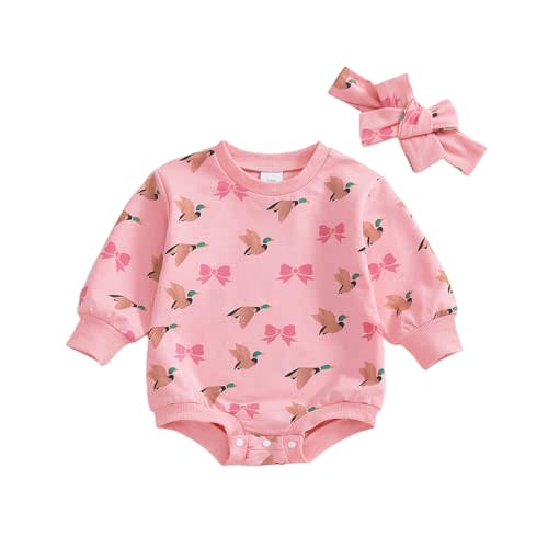 Rarjuiey Newborn Baby Girl Bubble Romper Mallard Duck Long Sleeve Sweatshirt Romper Headband Infant Fall Farm Hunting Clothes