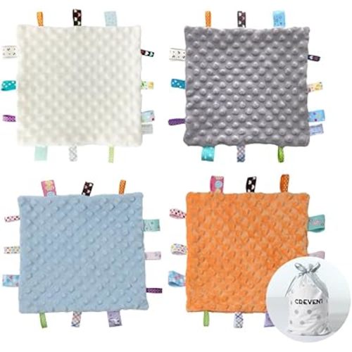 CREVENT Tag Security Blankets for Babies, Soft Small Taggie for Boys Girls, Baby Comforter Sensory Blanket, Great Gifts for Birthday Baby Shower 10"X10" (Blue+Orange+Grey+Ivory)