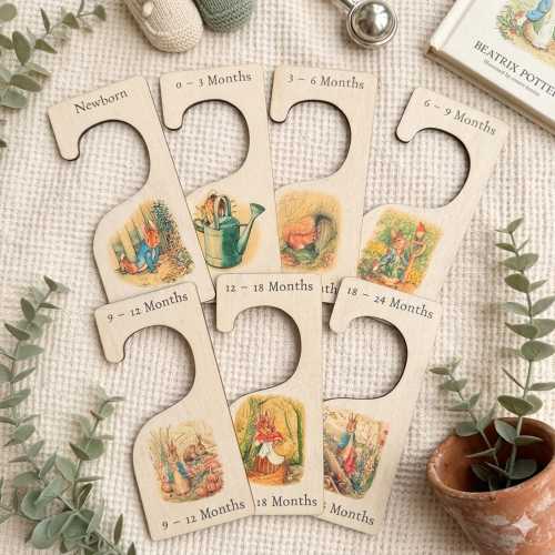 7 Peter Rabbit Nursery Hangers, Wooden Baby Clothes Dividers Colour Printed, New Born Gift, Baby Shower Keepsake, Wood Baby Keepsake