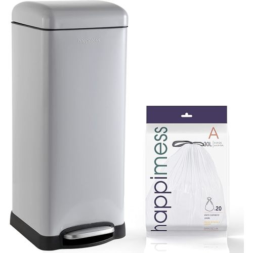 happimess HPM1007C Betty Retro 8-Gallon Step-Open Trash Can with Soft-Close Lid, Fingerprint Resistant, Modern, Minimalistic for Home, Kitchen, Laundry Room, Office, Bedroom, Bathroom, Gray