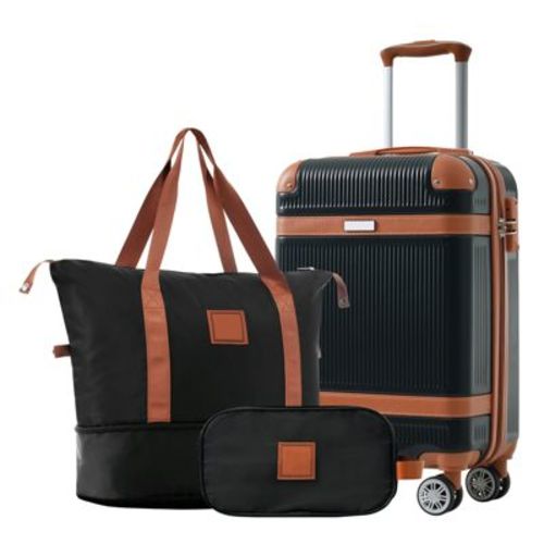 3 PCS ABS Lightweight Hard Shell Carry on Luggage(20") with Travel Bag, Spinner Wheels and TSA Lock, Black - ModernLuxe