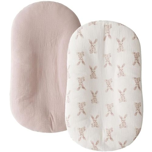 Little Jump Cotton Muslin Baby Lounger Covers, 2 Pack, Soft Removable Slipcovers for Newborn Infant Lounger, for Girls Boys (Bunny)