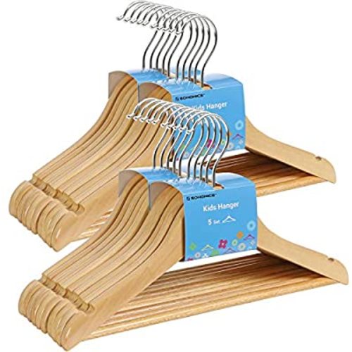 SONGMICS 20-Pack Solid Wood Children’s Hangers, Robust Kid’s Clothes Hangers, with Trousers Bar, Shoulder Notches, 360 Degree Swivel Hooks, 12.6 x 0.5 x 7.5 Inches, Natural UCRW06NL