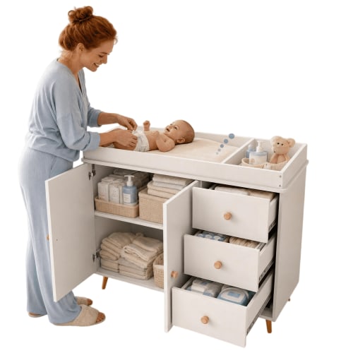 Garvee Baby Changing Table Dresser, Wooden Nursery Chest with 3 Drawer, Changing Top, White