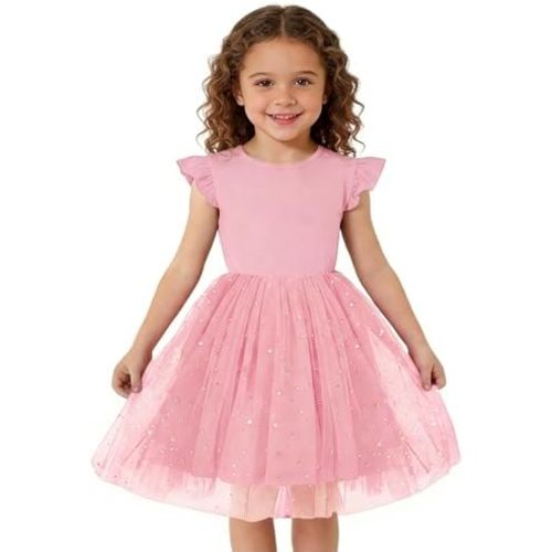 Haloumoning Toddler Baby Girls Tutu Dresses Kids Summer Ruffle Short Sleeve Star Sequin Tulle Party Dress 9M-8Y