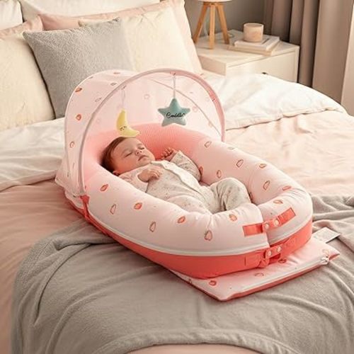 JollyBoo® Deluxe Infant Lounger Pillow - Baby Lounger 0-24 Months | Bamboo-Cotton Portable Baby Nest with Foldable Sunshade & 2 Plush Toys | Soft, Breathable Mesh for Cool, Safe Rest (Strawberry)