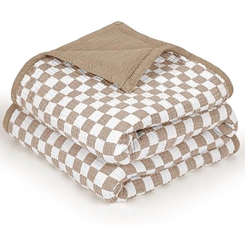 lulumoon 100% Cotton Muslin Baby Blanket - Mocha Checkered
