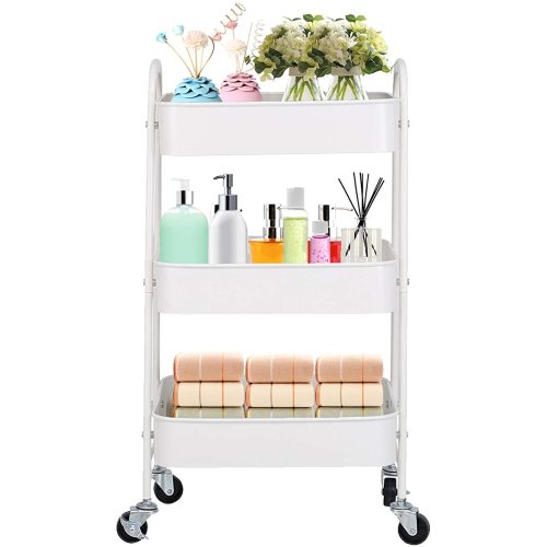 3-Tier Metal Mesh Utility Rolling Cart Storage Organizer with Wheels, Cream White