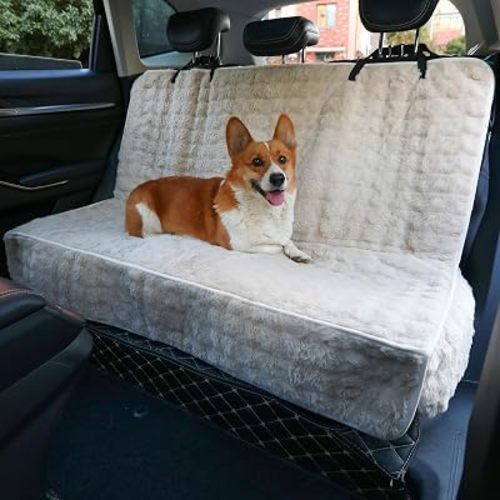 Dog Car Seat Cover, Waterproof Plush Pet Seat Protector, Beige, Back Seat