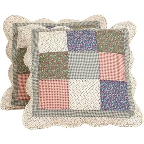 vctops Set of 2 Quilted 100% Cotton Boho Throw Pillow Covers 18" x 18" Farmhouse Country Floral Patchwork Decorative Cushion Cover, Patchwork Flower M