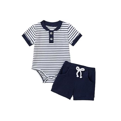 Baby Boy Clothes Short Sleeve Striped Romper Solid Short Set Ribbed Knitted Summer Outfit