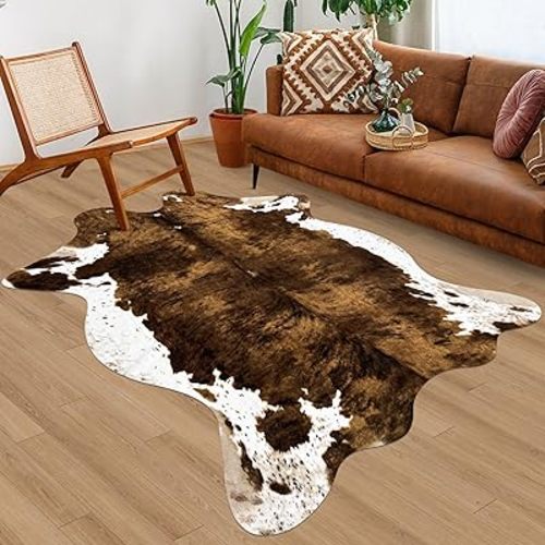 Large Faux Cowhide Rug 4.6x5.2ft Cow Print Rug Faux Animal Print Area Rug Cow Hide Carpet for Cowboy Cowgirl Bedroom Living Kids Room Office Table Wall Western Decor Mat, Brown