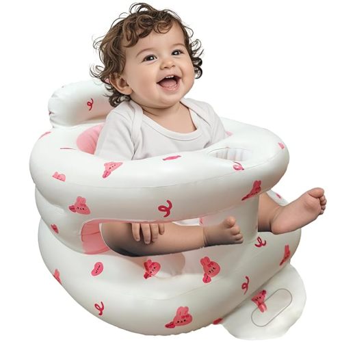Inflatable Baby Seat for Babies 3-36 Months, Baby Chair with Fence & Built in Air Pump, Blow Up Floor Baby Seat with Back Support, Inflatable Baby Chair Sit Me Up for Home, Travel Pink Rabbit Fence