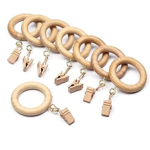 24 Pack Wooden Curtain Rings with Clips, 1.25 Inch Inner Diameter, Natural Beach Wood Drapery Rod Rings, Smooth Buffed Finish for Curtains and Drapes
