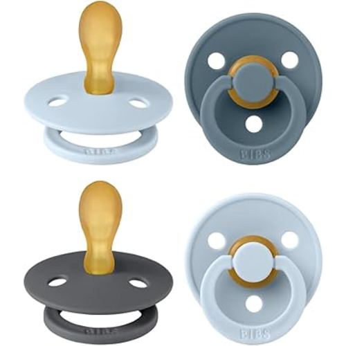 BIBS Colour Pacifier with Symmetrical Nipple| Natural Rubber Baby Pacifier | Set of 4 BPA-Free Soothers | Made in Denmark | Baby Blue Mix | Size 6-18 Months