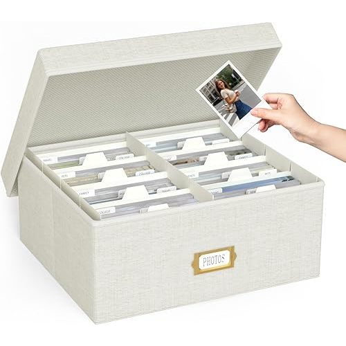 Decorative Photo Storage Box - Linen Photo Box Organizer with Dividers, Fits Holds Up to 1700 Pictures and 4x6 Photos, Memory Keepsake Organizer for Photos, Scrapbook Supplies, Cards, Stamps (Beige)