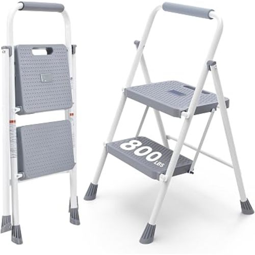 DUMOS 2 Step Ladder, Sturdy Step Stool with Anti-Slip Pedal & Comfortable Handrail, Portable Heavy Duty Stool for Kitchen, Garage & Outdoor, 800lbs, Grey