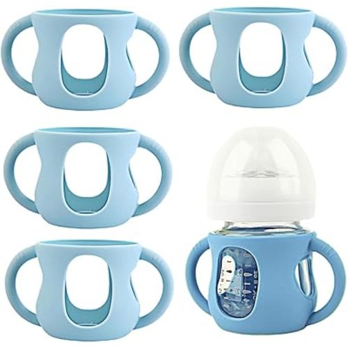 4 Pack Silicone Sleeves for Avent Natural Glass Baby Bottles, Silicone and Easy-Grip Handles for Drop Protection, Compatible with Philips Avent 4/8 OZ Glass Bottle (Light Blue, 4 OZ)