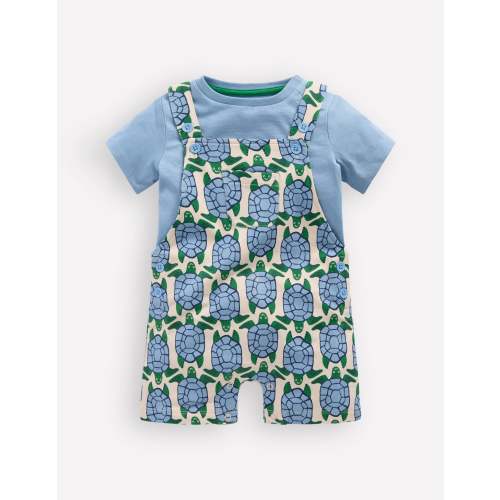 Jersey Short Dungaree Set-Blue Geo Turtles
