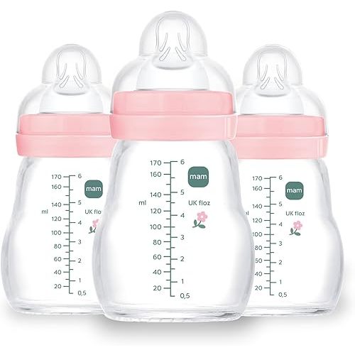 MAM Feel Good Slow Flow, Premium Glass Baby Bottles, Newborn Essentials Must Have, Easy Switch Between Breast and Bottle, 6oz, 0+ Months, BPA Free, Girl, 3 Pack