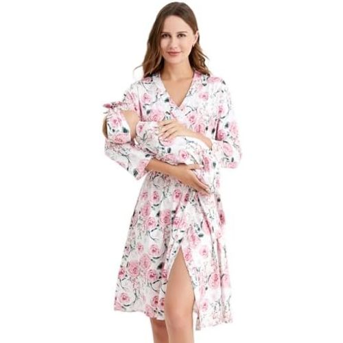 Galabloomer Maternity Robe and Baby Receiving Blanket, Matching Mommy Labor Delivery Robe and Swaddle Set