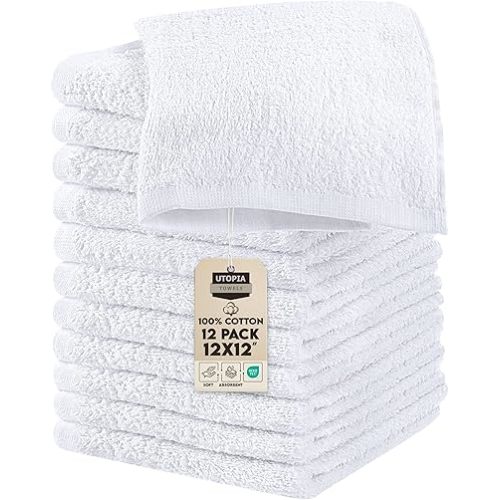 Utopia Towels 12 Pack Cotton Washcloths Set, 100% Ring Spun Cotton, Premium Flannel Face Cloths, Highly Absorbent and Soft Feel Fingertip Towels, White