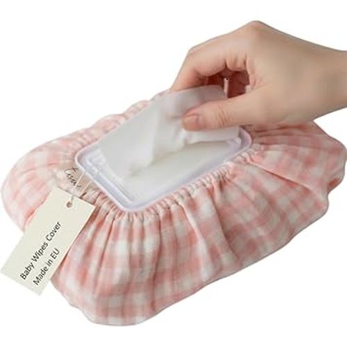 Baby Wipes Cover – Universal Size, One Size Fits All Wipes Packages | Muslin Cotton Tissue Cover for Nursery, Diaper Bag & Changing Table, Station | Gingham & Neutral Patterns (Pink Gingham)