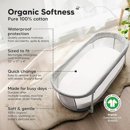 2-pk Waterproof Bassinet Sheets Girls, Boys, Cotton - 33x17 Universal Bassinet Mattress Pad Protector Cover, Compatible with Graco,Baby Delight,Chicco,Halo Bassinest Swivel Sleeper Fitted (Soft White)