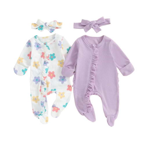 Curenmufel 2 PCS Infant Girl Clothes Newborn Baby Girl Clothes Romper Stripe Jumpsuit Coming Home Romper 0 3 6 9 12 18 24 Months (Purple,0-3 Months)