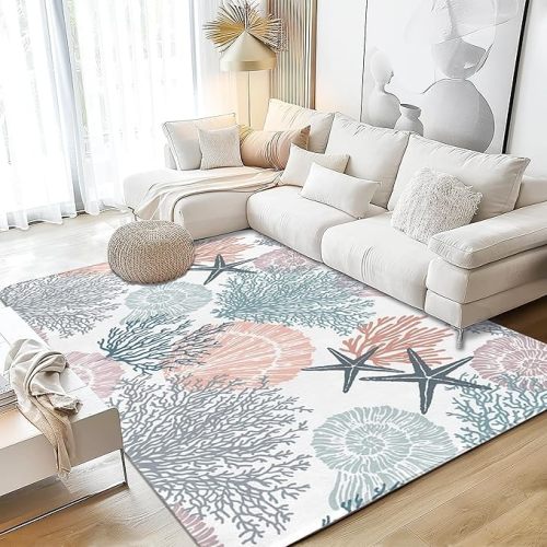 Corals Coastal Rug for Living Room 5x7 Area Rug Washable Non-Slip Rugs for Bedroom Cute Soft Kids Nursery Rug, Nautical Beach Themed Capet for Entryway Office Dining Room