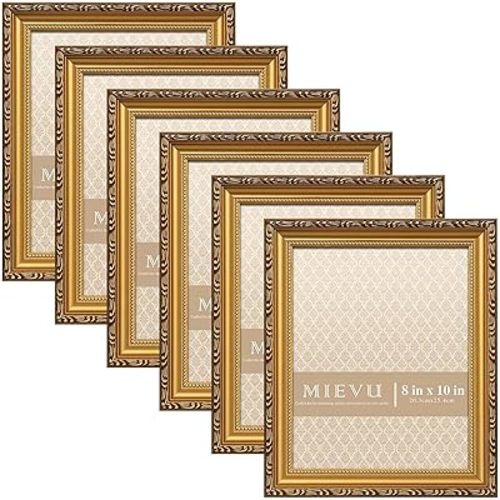 MIEVU 8×10 Picture Frame Gold Bulk- 6PCS Vintage Picture Frames for Wall Hanging And Tabletop Display, Ornate Photo Frame for Poster, 8x10 Gold Frames of 6