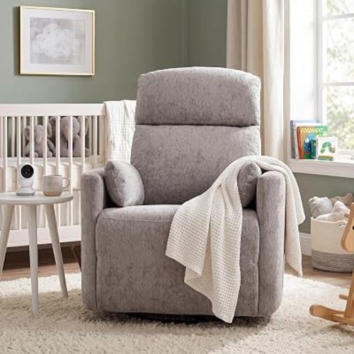 Oversized Swivel Rocker Recliner with Heat and Massage, Rocking Chair with Adjustable Headrest, Manual Rocker Recliner Chair, Glider Recliner Chair with 2 Pillows, Chenille Light Grey