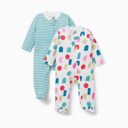 Small Story Organic Cotton 2-Way Zip Footie (2 Pack) - Bright Blocks, 0-3 M
