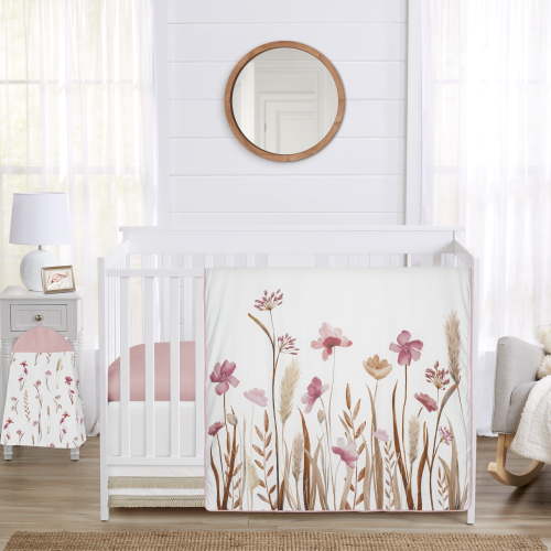 Sweet Jojo Designs Watercolor Floral Garden Pink Girl Crib Bedding Set 4 Piece