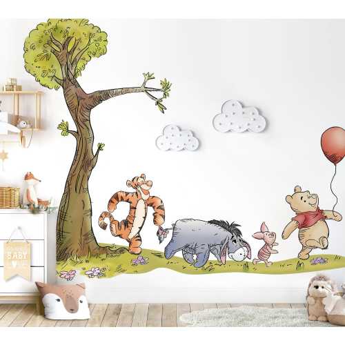Winnie the Pooh Wall Decal – Tree & Friends Nursery Wall Sticker – Large Removable Fabric Mural for Kids Room - BR523