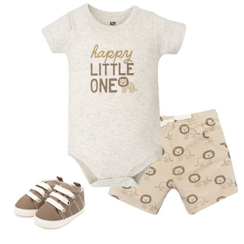 Hudson Baby Boy Cotton Bodysuit, Shorts and Shoe Set, Happy Little One Safari, 3-6 Months