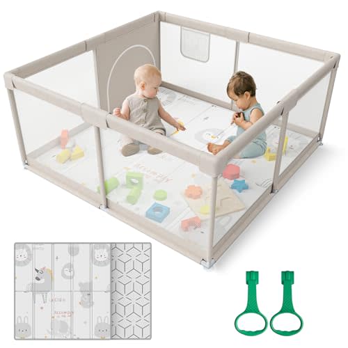 ZEEBABA Baby Playpen with Mat, Playpen for Babies and Toddlers, Small Baby Play Pens, 47x47inch Play Yard for Infants with 47" Play Mat, Playard with Gate