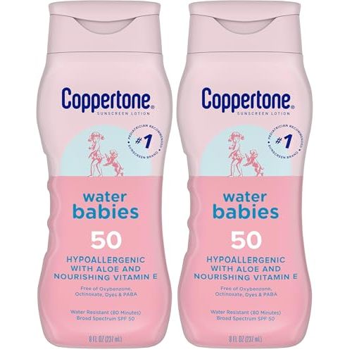 Coppertone WaterBabies Baby Sunscreen Lotion SPF 50, Hypoallergenic Sunscreen for Babies, Water Resistant, Pediatrician Recommended, 8 Fl Oz Bottle (Pack of 2)