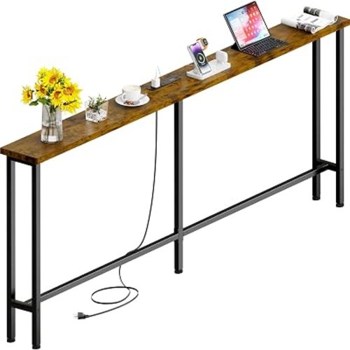 GRLEAF 63" Narrow Console Sofa Table with Built-in Power Strip (2 AC Outlets & 2 USB Ports) – 4.9ft Power Cord, Metal Frame, Easy Assembly, Ideal for Behind Couch, Hallway, and Office | Rustic Brown