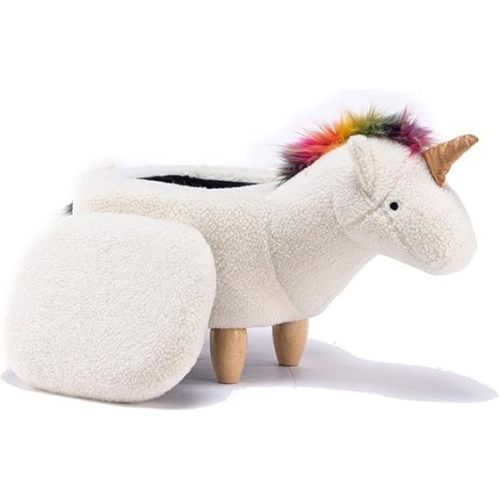 Home 2 Office Unicorn Ottoman with Storage for Bedroom, Playroom, Nursery or Recreation Room Decor, Soft Animal-Shaped Ottoman with Wooden Legs