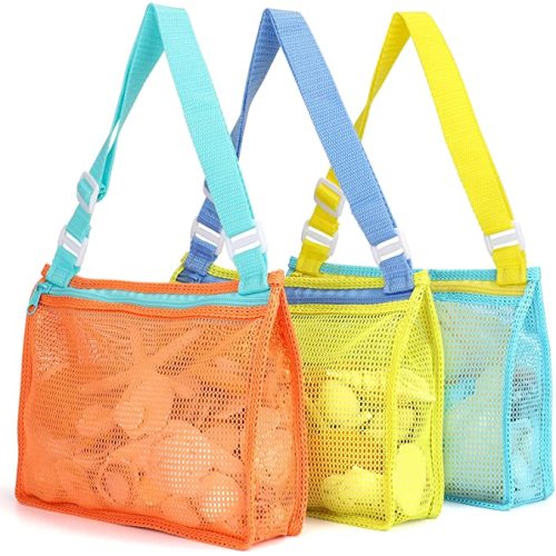 Tagitary Beach Toy Mesh Beach Bag Kids Shell Collecting Bag Beach Sand Toy Shells Beach Toys Swimming Accessories for Boys and Girls(Only Bags,A Set of 3)
