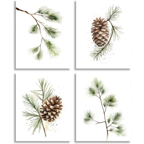 Watercolor Plant Pine Tree Canvas Wall Art 4 Piece 8x10 Inch Unframed